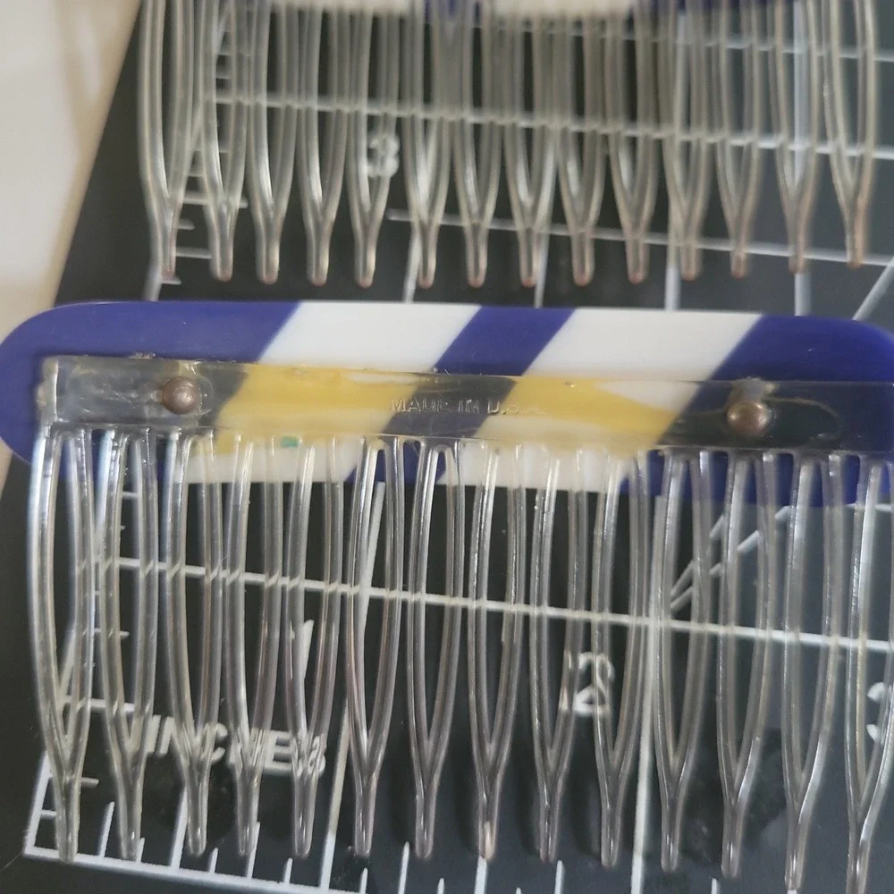 Vintage Made in USA Hair Side Combs Set of 2 Gold Silver Blue White Striped‎